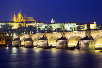 View of the Charles Bridge and Castle in Prague at night