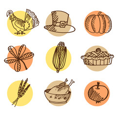 Set of thanksgiving hand drawn icons, isolated vectors