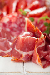 antipasti Platter of Cured Meat,   jamon, sausage, salame on whi