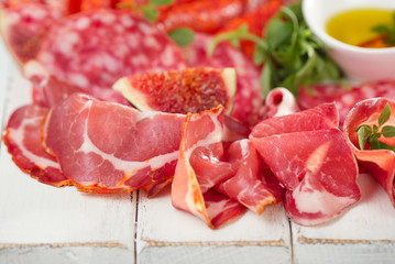 antipasti Platter of Cured Meat,   jamon, sausage, salame on whi
