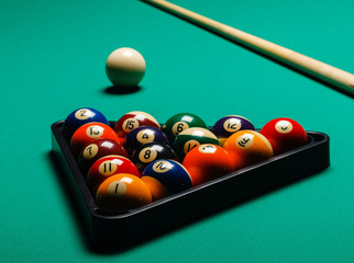 Billiard balls in a pool table.