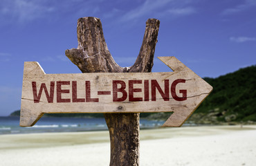 Fototapeta Well-Being wooden sign with a beach on background obraz