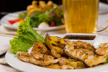 Close up Juicy Chicken Meat Dish with Dip Sauce