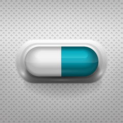White and blue capsule pill with background
