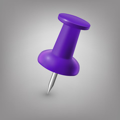 Purple push pin isolated, vector.