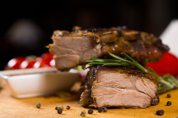Macro Tasty Flavored Meat on Wooden Board