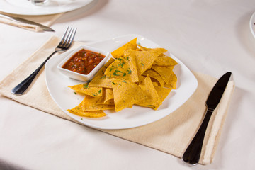 Nacho Chips and Salsa on Plate