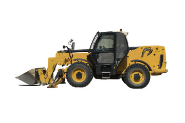 Obraz na płótnie Canvas Yellow tractor - dozer - pitchfork on white background