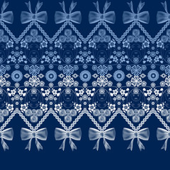 Seamless lace ribbon trim pattern with bow on blue background