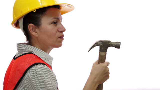 Mad Female Construction Worker With Hammer