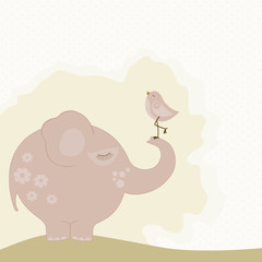 A pink elephant with a bird