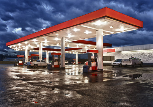 Gas Station Convenience Store On Rainy Evening
