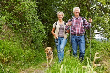 Paar Senioren macht Nordic Walking mit Hund