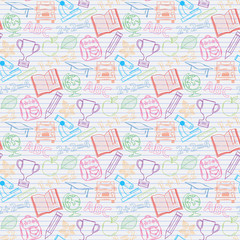 Seamless pattern Back to school on the notebook sheet in line