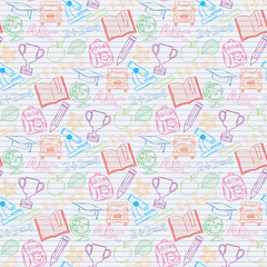 Obraz premium Seamless pattern Back to school on the notebook sheet in line
