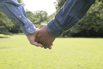 Couples to walk hand in hand in the park