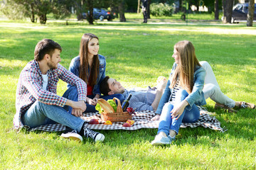 Happy friends on picnic in park