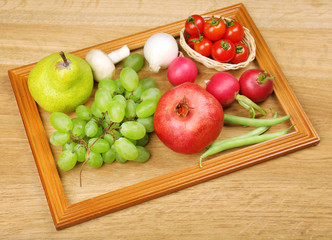 Summer frame with fresh organic vegetables and fruits