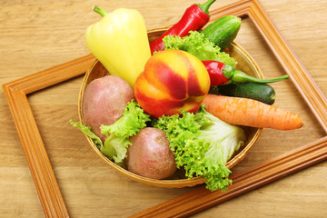 Summer frame with fresh organic vegetables and fruits