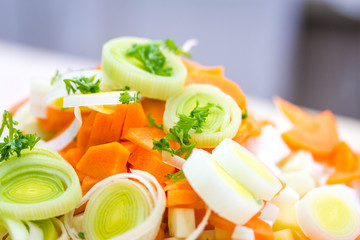 Closeup of sliced leek and carrot