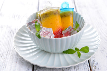 Delicious ice cream on plate on table close-up