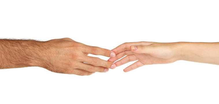Women and men hand attracted to each other isolated on white
