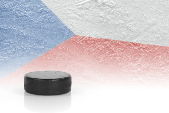 Hockey puck and a Czech flag