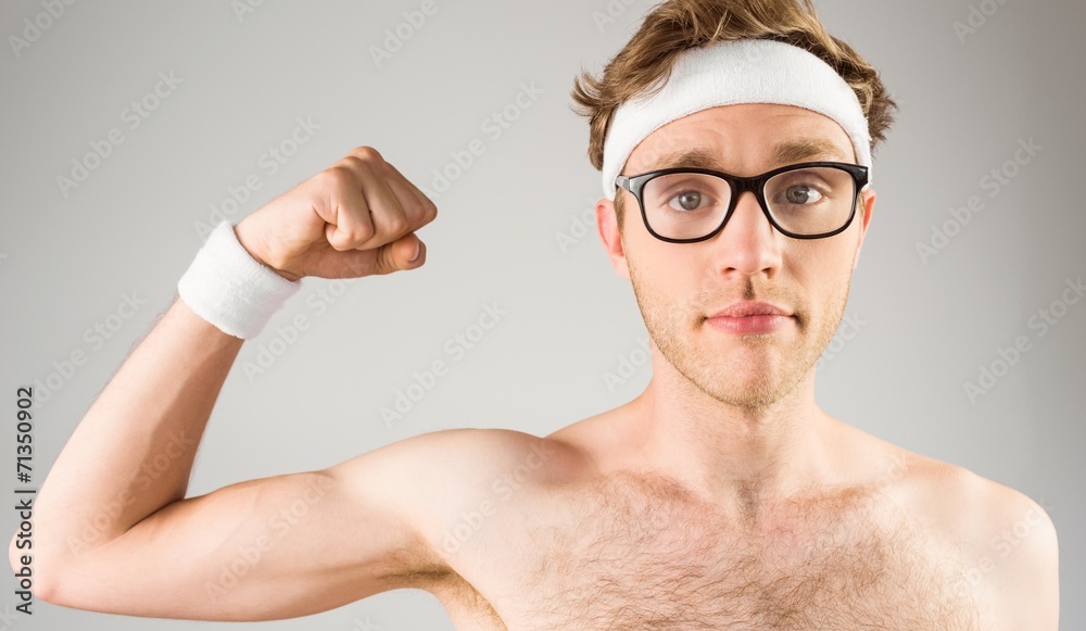 Poster geeky shirtless hipster flexing bicep