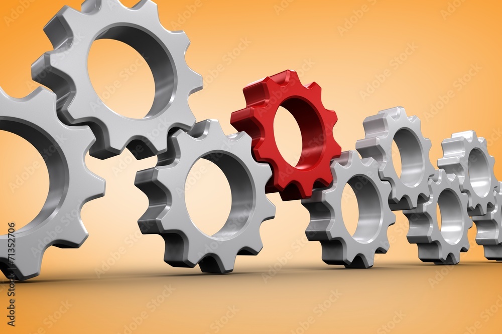 Poster Composite image of red and white cogs and wheels