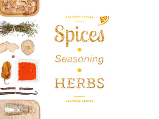 different spices and herbs on white background. top view