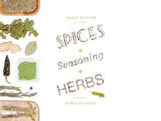 different spices and herbs on white background. top view