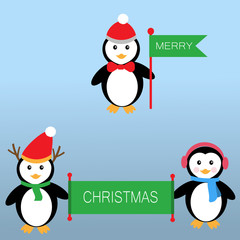 Penguins holding the flags and banner for Merry Christmas