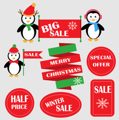 Penguins with Sale banners for Winter season