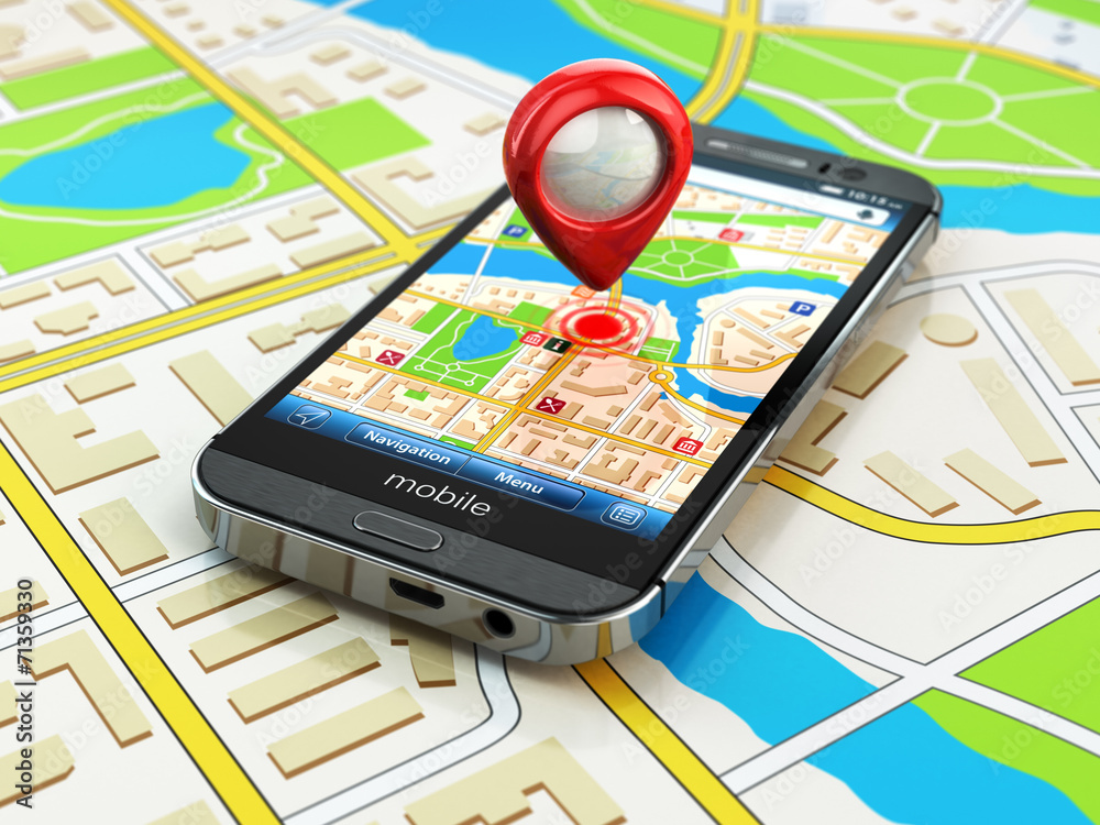 Poster mobile gps navigation concept. smartphone on map of the city,