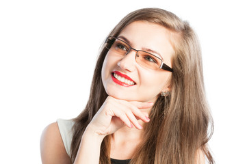 Beautiful and smart business woman with glasses thinking.