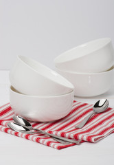 White Bowls. Red White Napkin