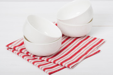 White Bowls. Red White Napkin