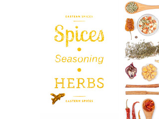 different spices and herbs on white background. top view