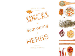 different spices and herbs on white background. top view