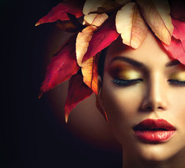 Fantasy Autumn Woman with Colourful Autumn Leaves Hairstyle