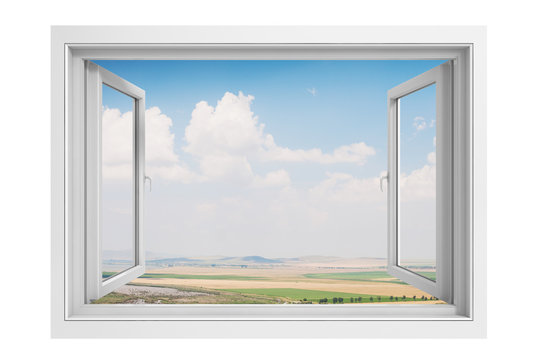 3d Window Frame With Beautiful Blue Sky Background