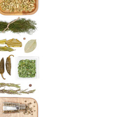 Various spices and herbs on white background. top view