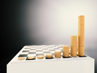 Chessboard with growing height coins stacks