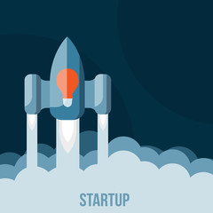 Space rocket flying in sky, startup