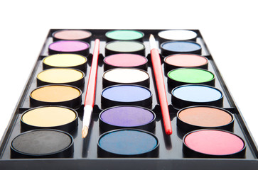colorful watercolors paints in palette with brushes isolated on