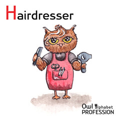 Obraz premium Alphabet professions Owl Letter H - Hairdresser character on a