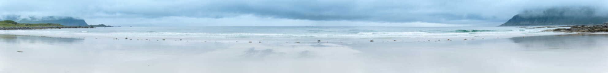 Ramberg beach summer cloudy panorama (Norway, Lofoten).