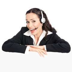 Support phone operator with signboard, isolated