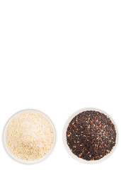 Black and white glutinous rice in bowl over white background