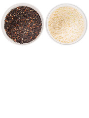 Black and white glutinous rice in bowl over white background